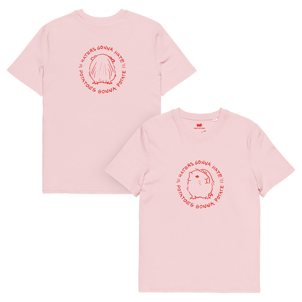 Unisex organic cotton t-shirt GUINEA PIG "Haters gonna hate, potatoes gonna potate" (red print)