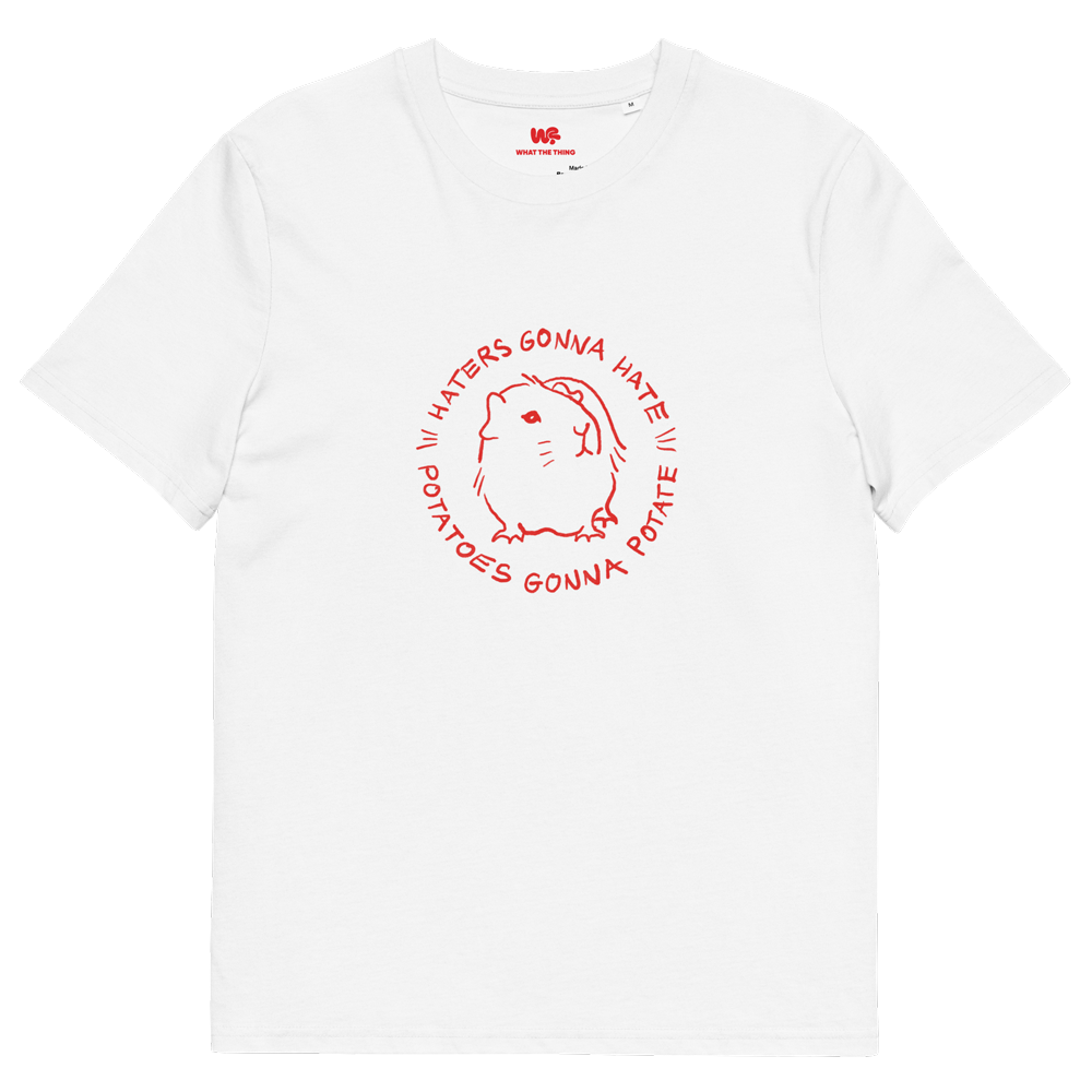Unisex organic cotton t-shirt GUINEA PIG "Haters gonna hate, potatoes gonna potate" (red print)
