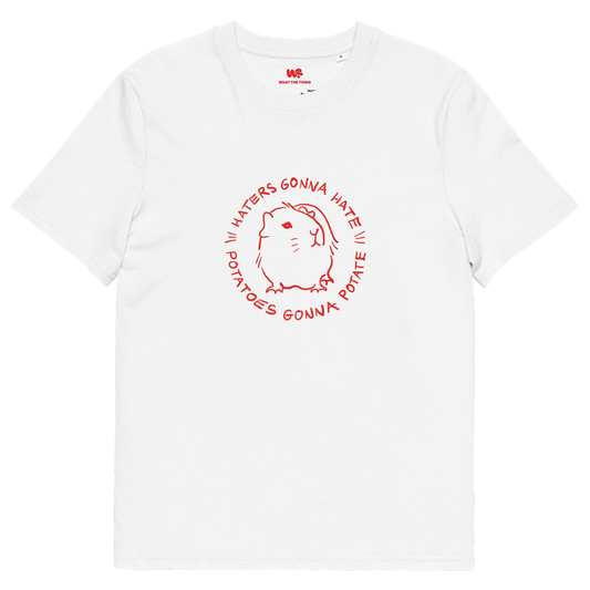 Unisex organic cotton t-shirt GUINEA PIG "Haters gonna hate, potatoes gonna potate" (red print)