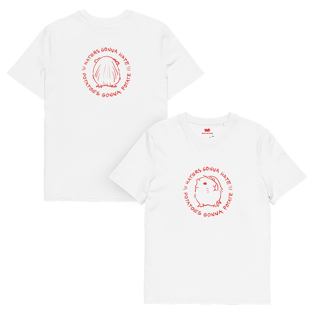 Unisex organic cotton t-shirt GUINEA PIG "Haters gonna hate, potatoes gonna potate" (red print)